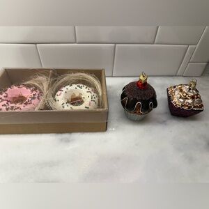 BRAND NEW Donut And Cupcake Glass Christmas Ornaments. Set Of 4